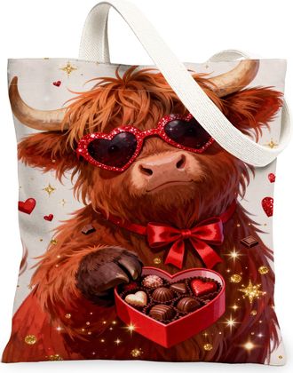 Generic ValentineS Day Cute Animal Canvas Bags, Adorable Highland Cow Design, Lightweight Washable Tote for Grocery, Travel, Beach, White, 13x15 Inch