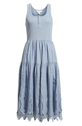 Treasure & Bond Embroidered Mixed Media Henley Tank Dress in Blue Blizzard at Nordstrom, Size Xx-Small