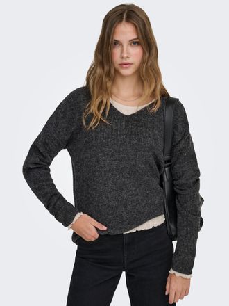 Only Strickpullover ONLY ONLCAMILLA V-NECK L/S PULLOVER KNT NOOS, Damen, Gr. XL (42), grau (dunkelgrau melange), Strick, Obermaterial: 74% Polyacryl, 24% P