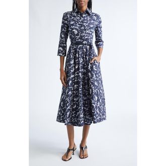 Michael Kors Graphic Floral Chin&eacute; Belted Cotton Poplin Shirtdress in Midnight/Optic White at Nordstrom, Size 12