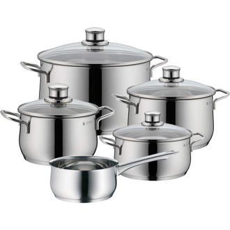 WMF Set di Pentole WMF Diadem Plus in Acciaio Inox Lucido, 9 Pezzi con Pentole da 20 cm e Rivestimento in Silicone