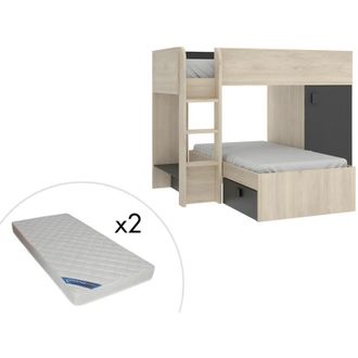 Vente-Unique Letto a castello ad angolo reversibile - Vani portaoggetti integrati 2x90x190 cm - Rovere e Antracite + materasso - RICARDO