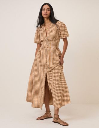 Nobody's Child Orange Gingham Short Sleeve Starlight Midi Dress