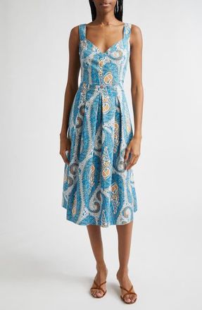 Etro Paisley Print Pleated Fit & Flare Cotton Poplin Midi Dress in Print On White Base at Nordstrom, Size 10 Us