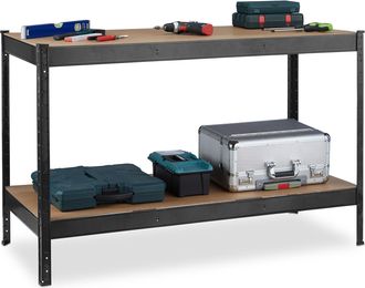 Relaxdays Relaxdays Mesa De Trabajo, 600 Kg, Banco Taller, 91 X 141 X 61 Cm, 2 Niveles Regulables, Estante De Acero Y Mdf, Negro