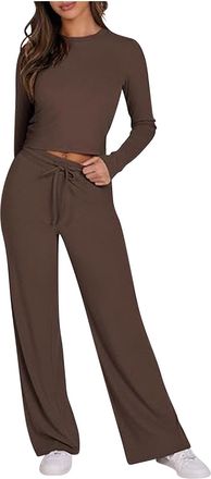 Generic Ribbed Lounge Wear Sets for Women 2 Piece Knitted Tracksuit Pajamas Set Long Sleeve Cropped Tops with Wide Leg Trousers Fall Casual Outfits Homewear L