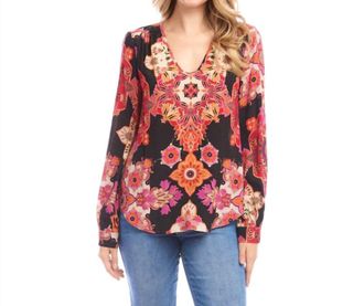 Karen Kane Lavinia Long Sleeve Shirred Blouse In Multi