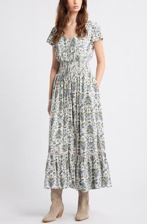 Treasure & Bond Print Smocked Waist Ruffle Hem Maxi Dress in Ivory Shell Willow Floral at Nordstrom Rack, Size Medium