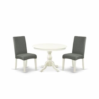 East West Furniture HBDR3-LWH-07 3 Piece Dining Table Set - Linen White Small Kitchen Table and 2 Grey Linen Fabric Chairs for Dining Room with High Back - Linen White Fi