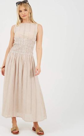 Brave Soul Vestito grembiule midi senza maniche beige a righe-Neutro