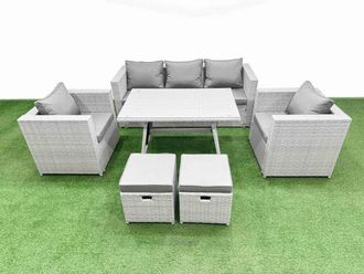 Fimous 7 Pieces Outdoor PE Rattan Sofa Armchair Set with 2 Small Stools in Light Grey