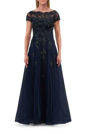 La Femme Gorgeous Gown with Beaded Lace Applique in Navy at Nordstrom, Size 10