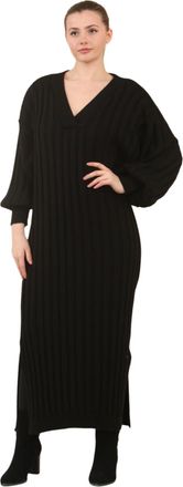 Janisramone Womens Rib Knitted Dress, Long Balloon Sleeve V Neck Maxi Dress, Warm Side Split Dress, Winter Maxi Dresses for Women UK, Casual Long Knitted Jumper D