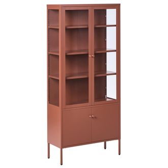 Beliani Vitrina Alta Industrial Moderna De Acero 4 Puertas Armario Con Elementos De Vidrio Marr&oacute;n Dorado Oxted