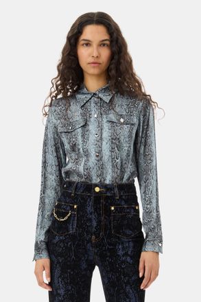 Ganni Celestial Blue Snake Printed Shirt - Size 32 Spandex