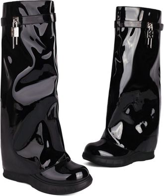 Generic Womens Round Toe Knee High Boots Patent PU Leather With Adjustable Buckle Strap Chunky Platform Slip-On Design Smooth Upper Supportive Fit,Black,3.5 U