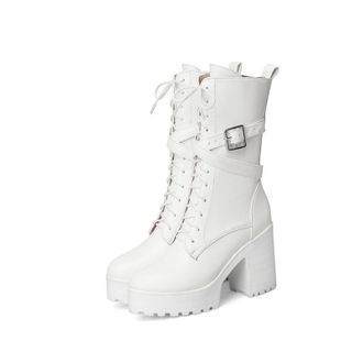 Generic Womens Buckle Detail Tall Riding Boots, Punk Goth Style with Platform Chunky Heel for Winter,White,1.5 UK