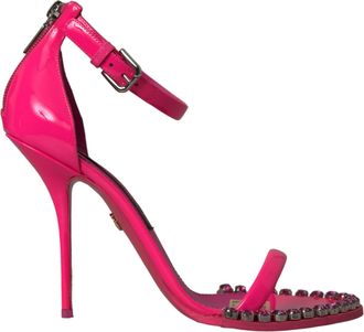 Dolce & Gabbana Pink Leather Crystal Heels Sandals Womens Shoes
