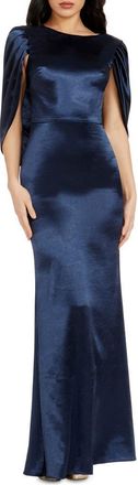 Dress The Population Adina Cape Sleeve Satin Trumpet Gown in Navy at Nordstrom, Size X-Small