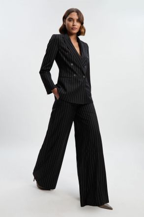 Karen Millen Womens Petite Pinstripe Wide Leg Tailored Trouser - Black viscose - Size 6 UK