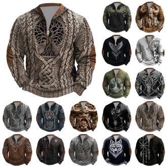 Generic Mens Quarter Zip Sweatshirt Plus Size Vintage Hiking Pullover with 3D Norse Myth Print Warm Long Sleeve Fashion Top
