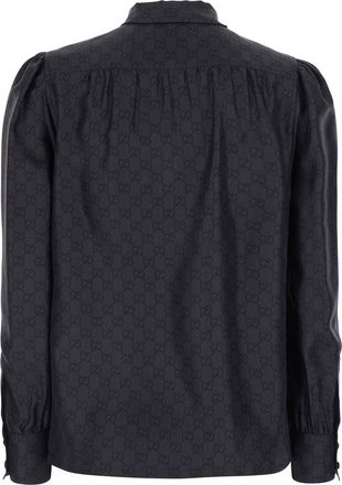 Gucci Womens Silk Shirt With Knot Bow And Gg Print Black Blouses