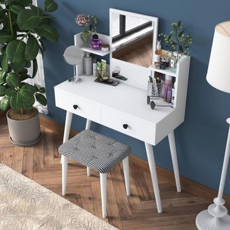 Dmora Toeletta Sutera, Mobile Da Trucco Specchio Incluso, 2 Cassetti, Colore Struttura Nero, 103x40x112h Cm Bianco