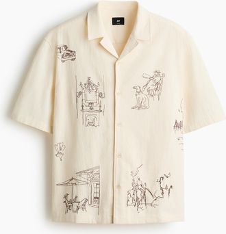 H&M Freizeithemd aus Baumwolle in Relaxed Fit - Cremefarben/Gemustert
