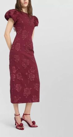 Rotate floral jacquard puff-sleeve midi dress