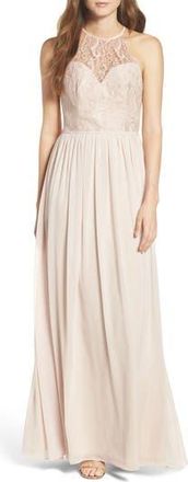Hayley Paige Lace & Chiffon Halter Gown in Rose/Blush/Cashmere at Nordstrom Rack, Size 16