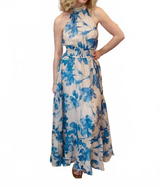 Fate Bold Floral Tie Back Halter Maxi Dress In Cream/blue