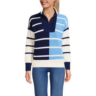Lands End Drifter Cotton Quarter Zip Pullover Sweater in Deep Sea/fresh Ivory Stripe at Nordstrom, Size Medium
