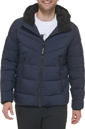 Calvin Klein Chevron Sherpa Lined Hood Jacket In Blue