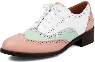 Generic Womens Multicolor Oxford Brogue Shoes Retro Wingtip Lace-Up Design with Chunky Low Heel PU Leather Round Toe Classic British Style Everyday Oxfords,Pi