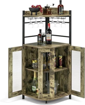 Costway Costway - Armario De Esquina De Vino Con Portavasos De Vidrio, Armario De Vino Industrial Con Puertas De Malla Met&aacute;lica Y Estante Ajustable, Buffet Co