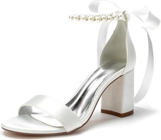 Generic Bridal Shoes Block Heel Wedding High Heels Sandals Open Toe Party Dress Heels Wedding Shoes 8Cm,Ivory,10 UK