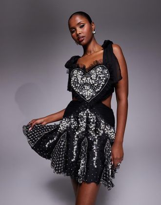 Asos ASOS Luxe - Vestito corto stile skater nero con cuore sul busto e decorazione con perle
