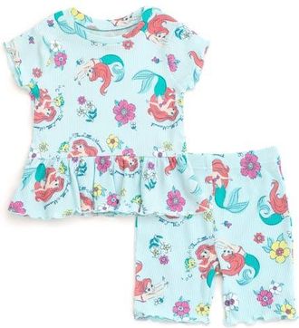 Disney Ribbed T-Shirt & Shorts Set in Princess Ariel Green Green at Nordstrom, Size 6-9M