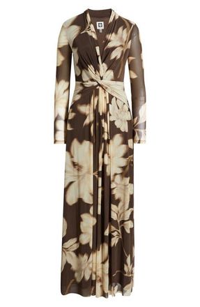 Anne Klein Floral Print Twist Front Long Sleeve Maxi Dress in Molasses Multi at Nordstrom, Size X-Large P