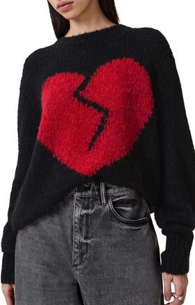AllSaints Luv Heart Intarsia Crewneck Sweater in Black/Red at Nordstrom, Size Medium