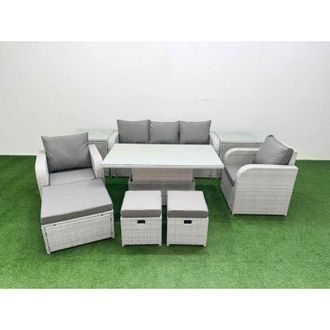 Fimous Pe Rattan Garden Furniture Set Reclining Chair Sofa Lounge Sofa Set Adjustable Lifting Dining or Coffee Table 2 Side Table 2 Big Footstool Light Grey