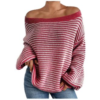 Generic Womens Jumpers Fashion Off The Shoulder Sweater Striped Off-The-Shoulder Pullover Sweatshirts Knit Top Casual Loose Long Sleeve Tops Cashmere Jumpers 