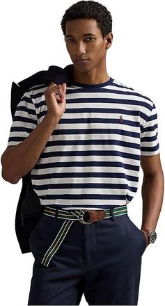 Polo Ralph Lauren Short Sleeve Striped Crew Neck T-Shirt Mens Clothing White/Cruise Navy : 2XL, Cotton