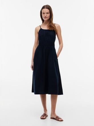 Tommy Hilfiger Womens Shirred Linen-Blend Midi Dress - Navy - XXL