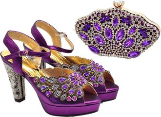 Generic Womens Peep Toe Thin Heels Shoes Matching Flower Evening Handbag Set Sparkly Rhinestone Big Crystal Decoration Purple