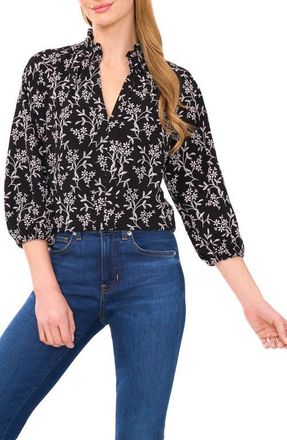CeCe by Cynthia Steffe Floral Embroidered Ruffle Neck Top in Rich Black at Nordstrom, Size X-Large