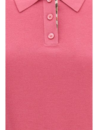 Burberry Womens Wool Polo Shirt With Check Mauvewood Pink Merino Knitwear Sweater