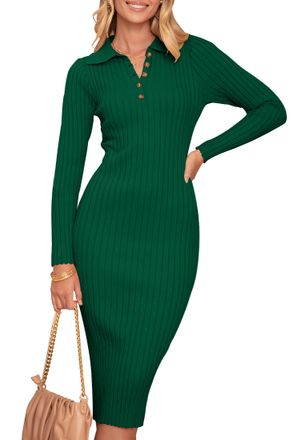 Merokeety Womens 2025 V Neck Ribbed Sweater Dress Long Sleeve Bodycon Knit Midi Dresses, Dark Green, S