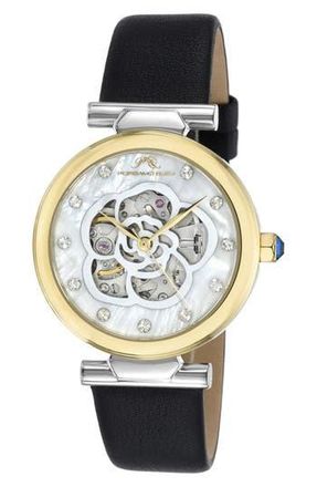 Porsamo Bleu Laura White Topaz Automatic Leather Strap Watch, 36mm in Black Multi at Nordstrom Rack