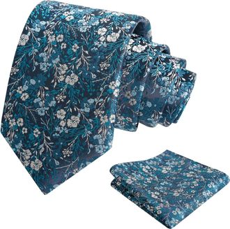 Alizeal Mens 8cm Colorful Floral Necktie and Pocket Square Classic Wedding Tie and Hanky Set, Dark Teal